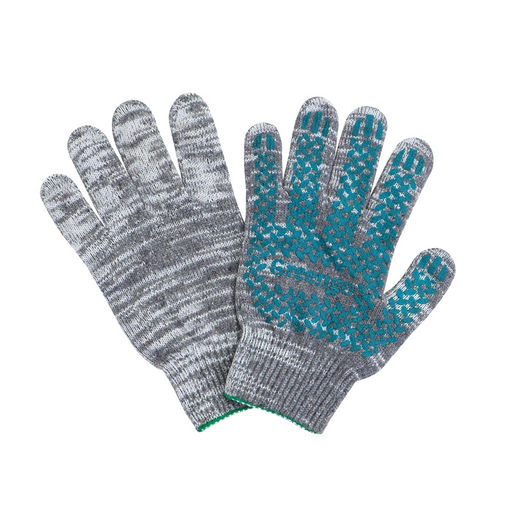 Цена за 10 шт. Перчатки садовые, хб, вязка 10 класс, 6 нитей, размер 9, с ПВХ точками, серые, Greengo