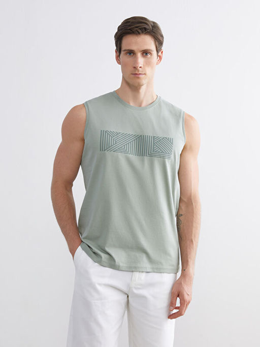 Bisiklet Yaka Bask?l? Erkek Kolsuz Ti??rt