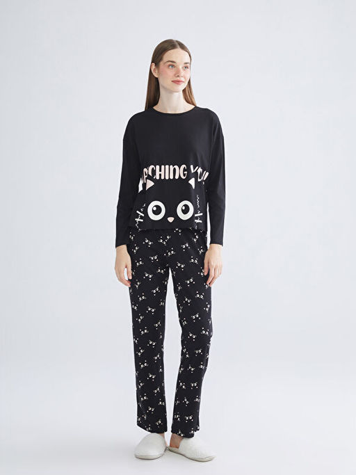 Bisiklet Yaka Bask?l? Kad?n Pijama Tak?m?