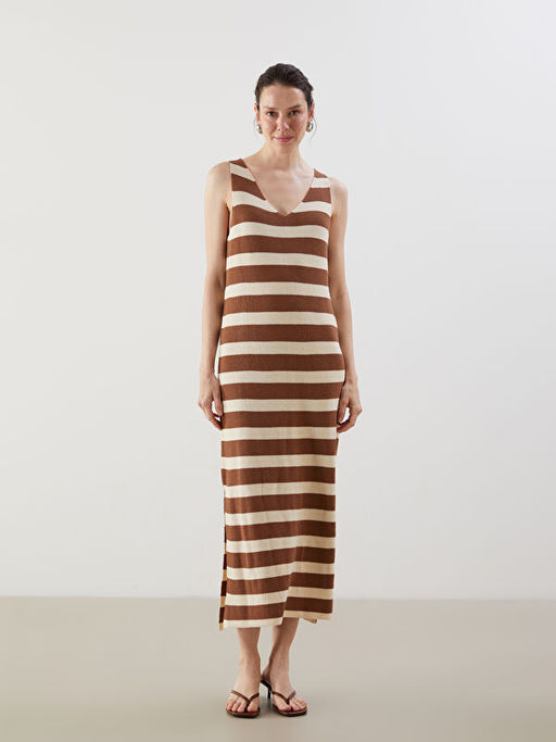 V Yaka ?izgili Kad?n Triko Elbise