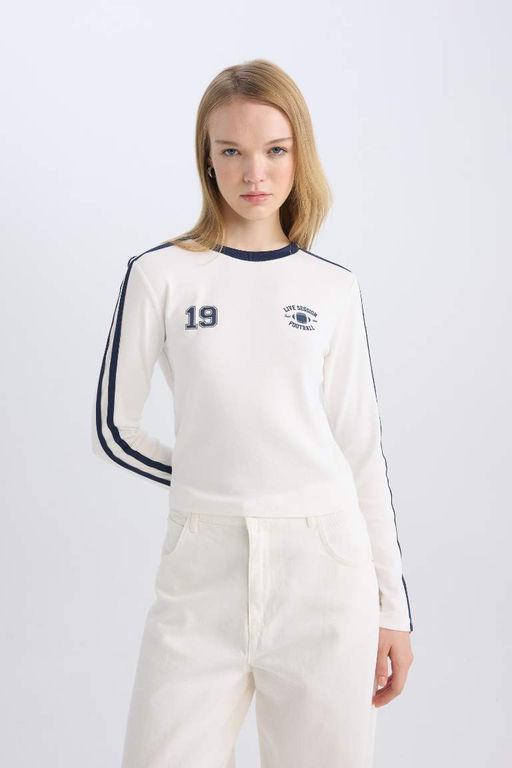 Женская белая классная футболка в рубчик с длинным рукавом с принтом - Defacto фото 3