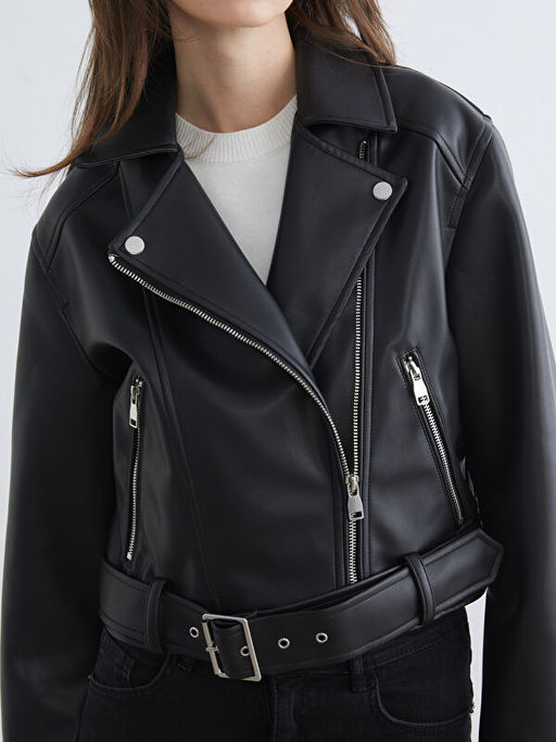 G?mlek Yaka Kad?n Deri G?r?n?ml? Ceket