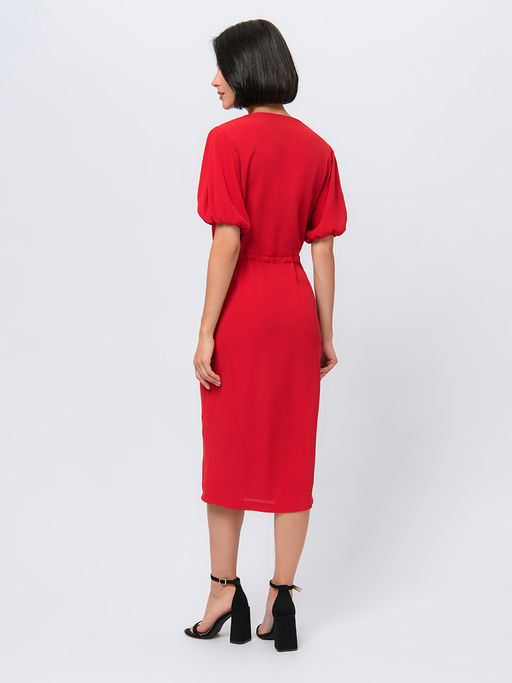 Платье красного цвета длины миди с пышными рукавами и глубоким вырезом - 1001dress фото 4