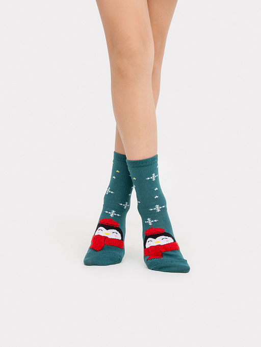 Цена за 5 пар! Носки детские зеленый с рисунком в виде пингвинов