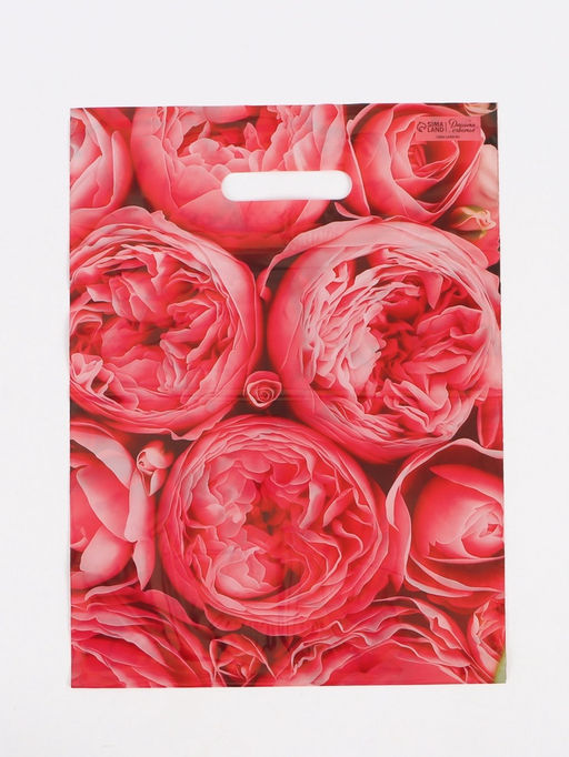 Цена за 50 шт. Пакет полиэтиленовый с вырубной ручкой Пионы, розовые, 30?40 см, 50 мкм