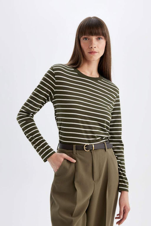 Женская повседневная полосатая футболка обычного кроя с круглым вырезом и длинными рукавами - Defacto фото 4