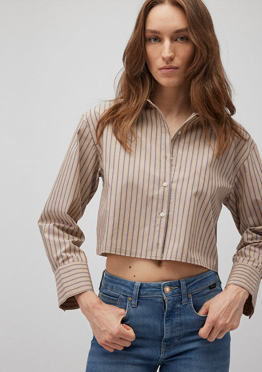 Cizgili Bej Crop Gomlek