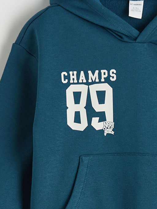 Kap??onlu Bask?l? Erkek ?ocuk Kal?n Sweatshirt