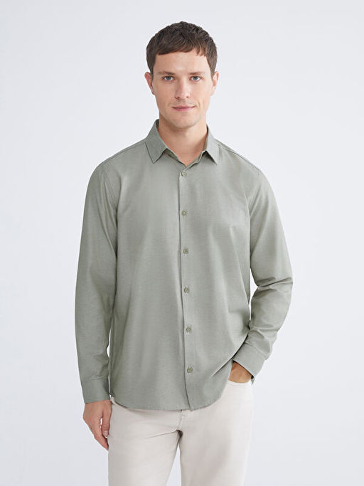 ?nden D??me Kapamal? D?z Uzun Kollu Erkek G?mlek