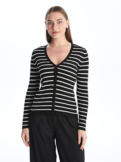 V Yaka ?izgili Uzun Kollu Kad?n Triko H?rka