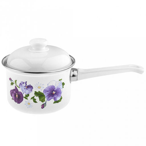 "Анютины глазки" Ковш эмалированная 1,5л, форма цилиндрическая, металлическая крышка (Россия)