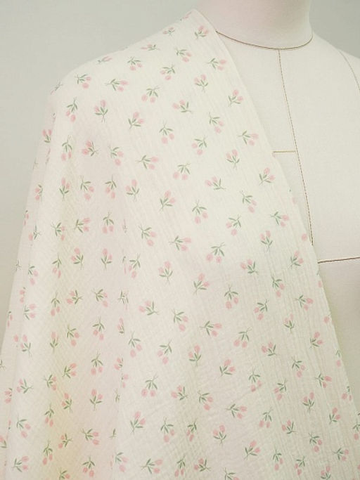 Муслин двухслойный с эф.жатости Розовые тюльпанчики цв.сливочный, ш.1.4м, хл-100%, 125гр/м.кв - Купава фото 7