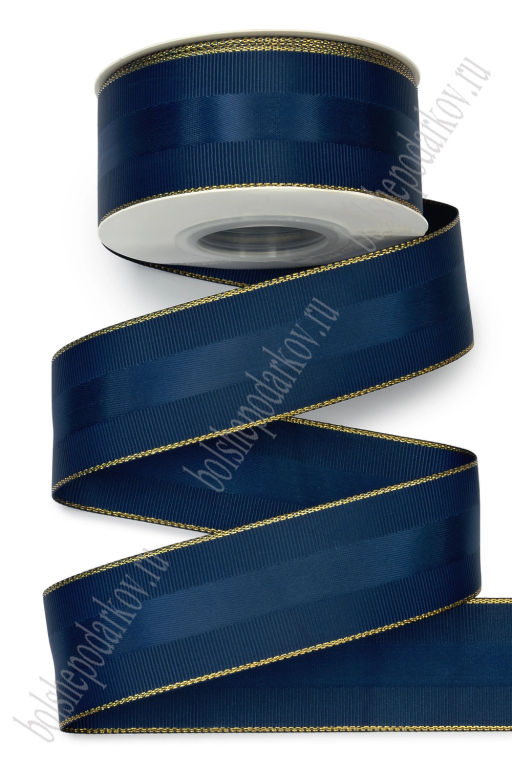 Лента репсовая с люрексом и атласной вставкой 4 см*20 ярд (SF-7091) темно-синий/золото №38