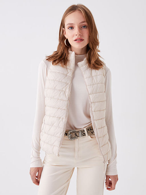 Kad?n Dik Yaka D?z ?i?me Yelek