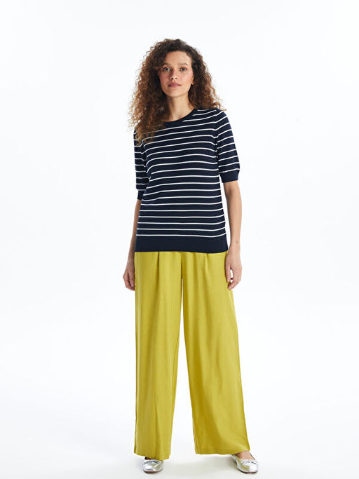 Bisiklet Yaka ?izgili K?sa Kollu Kad?n Triko Kazak