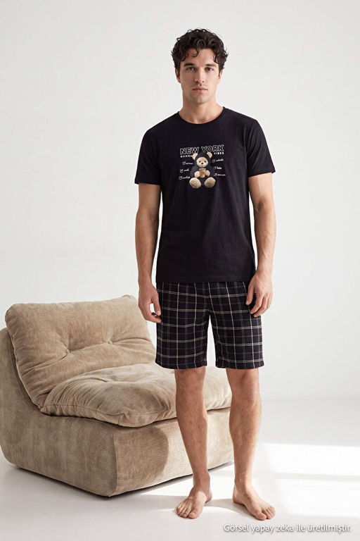 Siyah Regular Ay_c_k Bask_l_ Ekose _ort- T-shirt _rme Pijama Tak_m_ TMNSS26PT00067 - Trendyolmilla фото 2