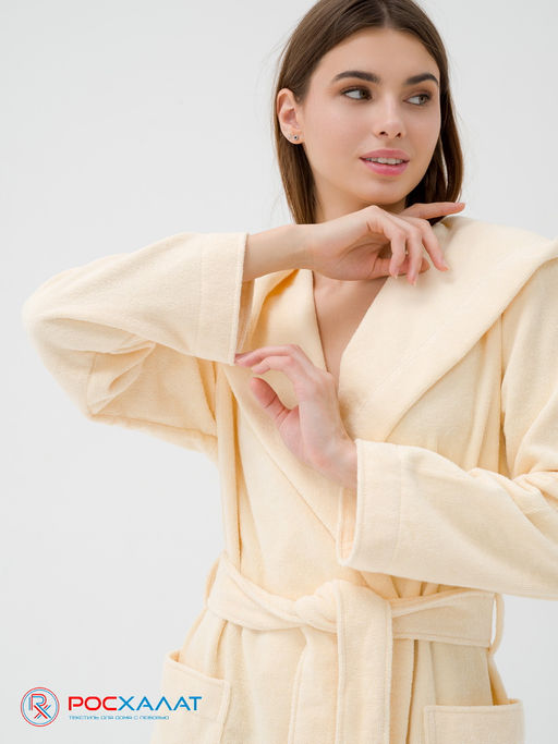 Махровый женский укороченный халат с капюшоном Кремовый МЗ-01 (131)