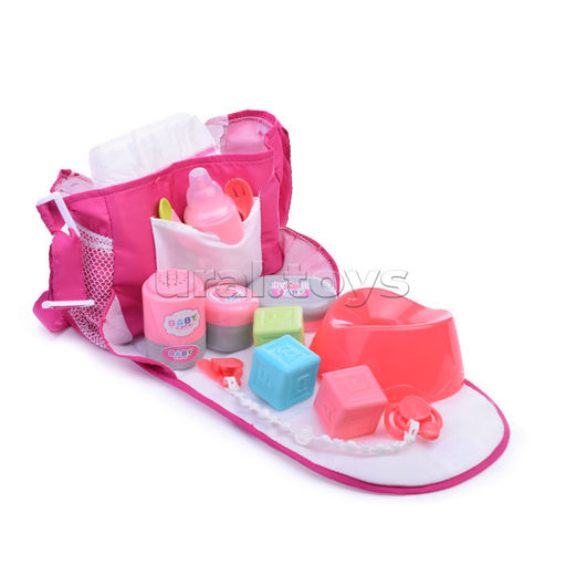 Аксессуары для куклы (сумка, горшок, тапочки, посуда) в рюкзаке
