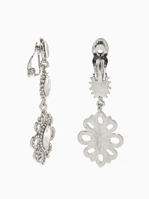 Клипсы для ушей висячие со стразами QF Ажур в стразах, эллипс, цвет белый в серебре