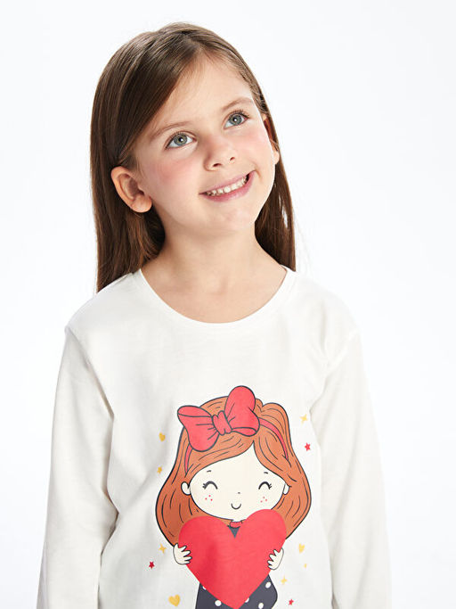 Bisiklet Yaka Uzun Kollu Bask?l? K?z ?ocuk Ti??rt