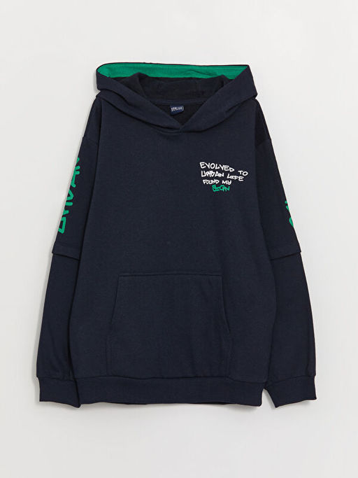 Bask?l? Uzun Kollu Erkek ?ocuk Hoodie