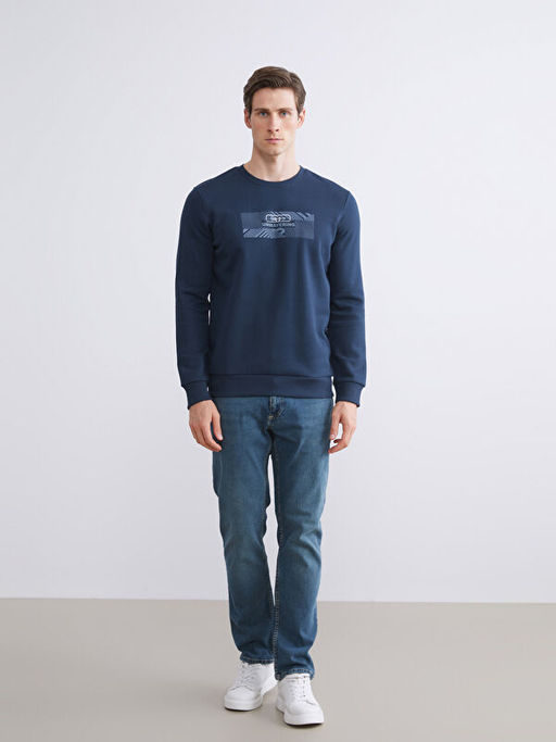 Bisiklet Yaka Bask?l? Erkek Sweatshirt