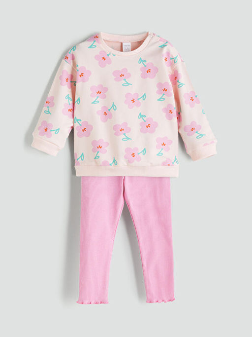 Bisiklet Yaka Bask?l? K?z Bebek Sweatshirt ve Tayt 2li