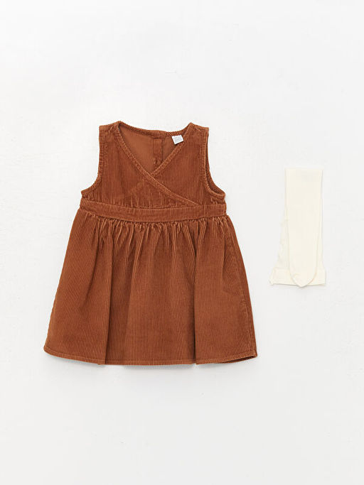 Kruvaze Yaka Kadife K?z Bebek Elbise ve K?lotlu ?orap 2li Tak?m