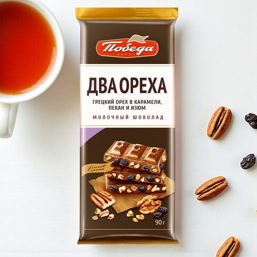 Молочный с грецким орехом в карамели, дробленым пеканом и изюмом", 90 гр