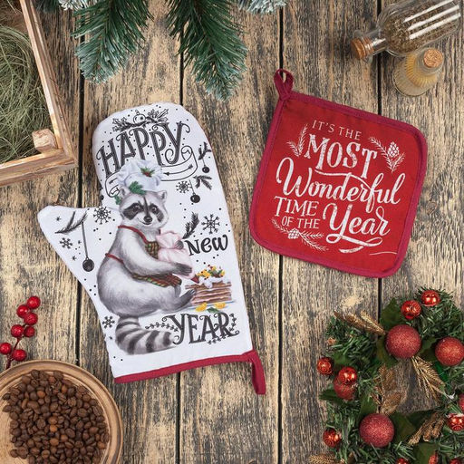 Набор новогодний новогодний кухонный Happy new year: варежка-прихватка 20×28 см, прихватка 17×17 см