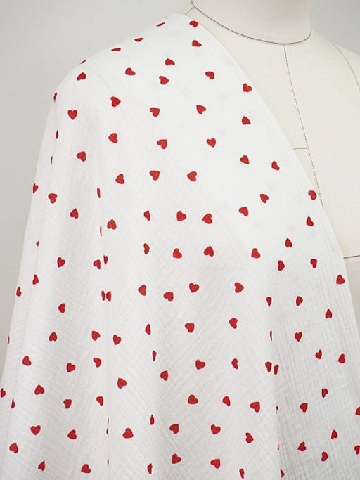 Муслин двухслойный с эф.жатости Сердечки красные - россыпь цв.белый, ш.1.4м, хл-100%, 120гр/м.кв - Купава фото 2