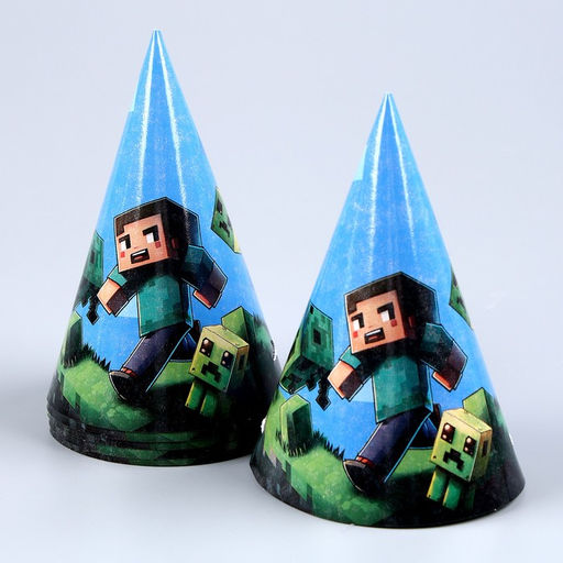 Набор бумажной посуды Майнкрафт: 6 тарелок, 1 гирлянда, 6 стаканов, 6 колпаков - Страна карнавалия фото 7