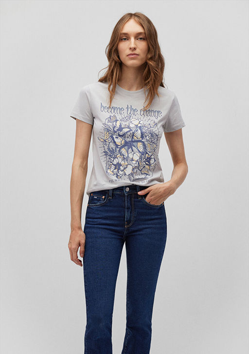 Kelebek Bask?l? Gri Tisort - Mavi фото 2