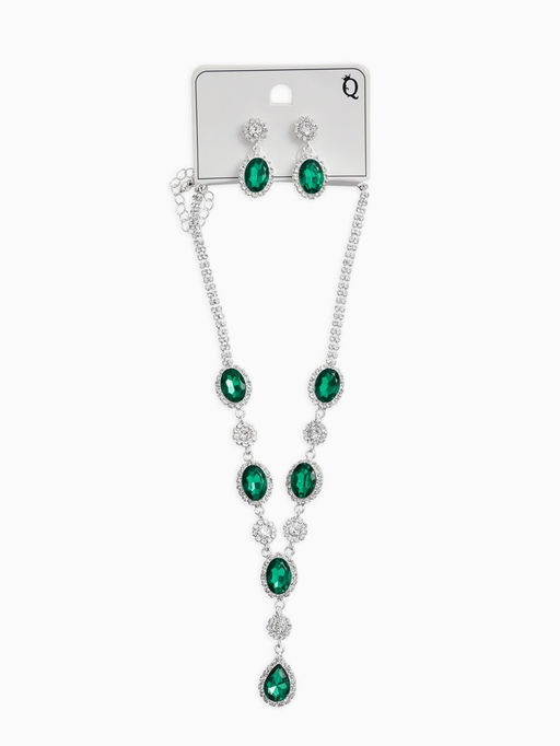 Набор 2 пред-а: серьги, колье "Вечерний шик" овал, цвет бело-изумрудный в серебре