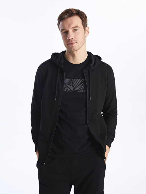 Kap??onlu Uzun Kollu Erkek Fermuarl? Sweatshirt
