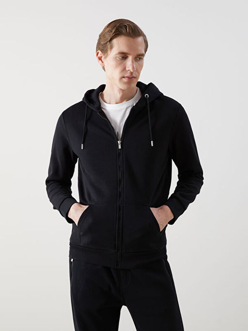 Kap??onlu Uzun Kollu Erkek Fermuarl? Sweatshirt