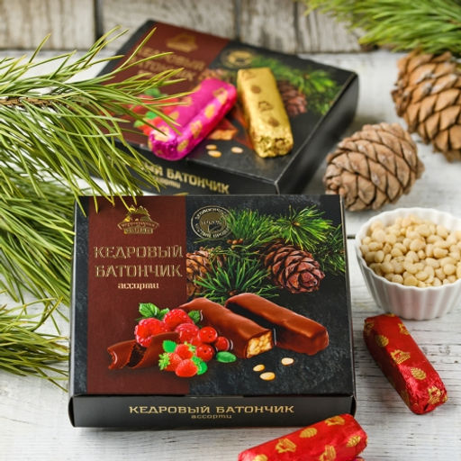 Кедровый батончик в натуральном шоколаде ассорти (классика/земляника/малина/клюква) в коробке 80г