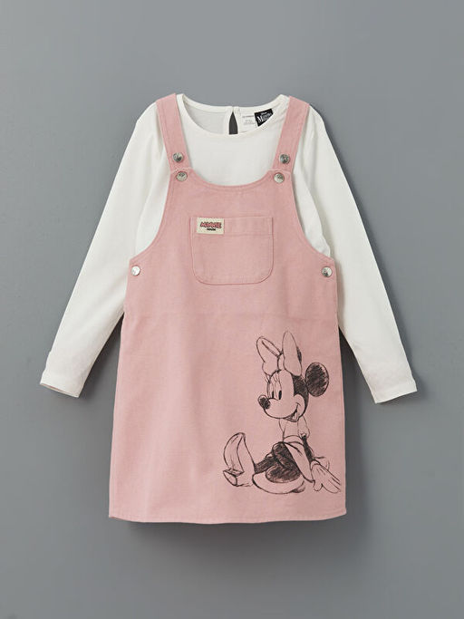 Minnie Mouse Bask?l? K?z ?ocuk Salopet Elbise ve Ti??rt 2li