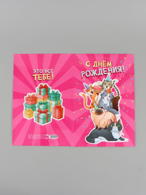 Цена за 10 шт. Открытка поздравительная с карманом для денег «С Днём рождения», коты, 19×29 см