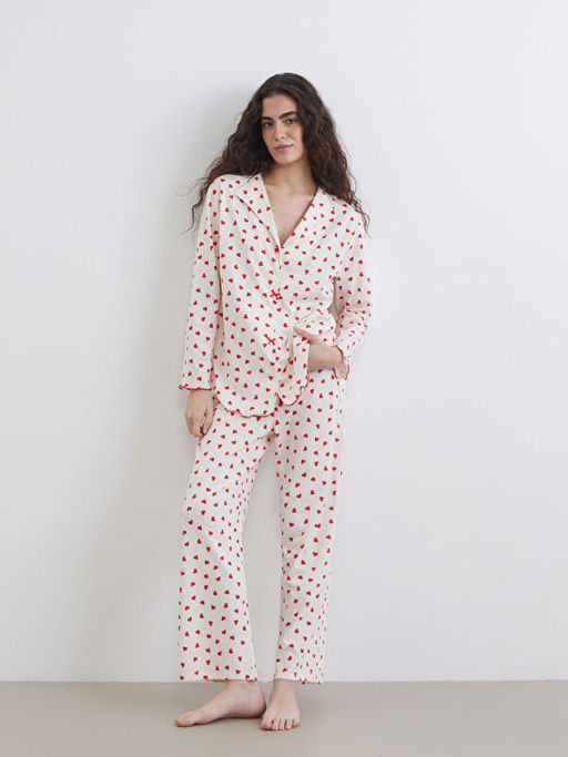 G?mlek Yaka Bask?l? Hamile Pijama Tak?m?