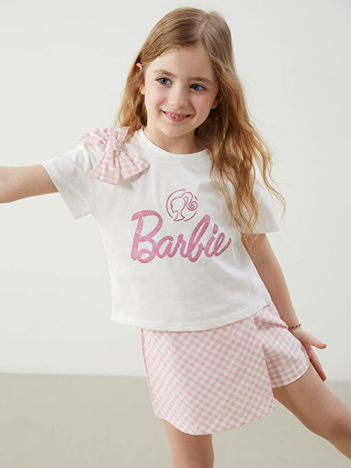 Barbie Bask?l? K?z ?ocuk Bluz ve Etek 2li