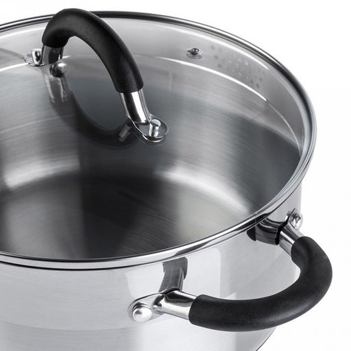 Набор посуды из нержавеющей стали "Телфорд" 3 предмета: кастрюля 3,1л - д20см, h10см, 5л - д24см, h12см, ковш 1,5л - д16см, h8см, s0,6мм, дно s2,8мм, стеклянная жаропрочная крышка, широкий металлический ободок с отверстиями для слива жидкости, пароот