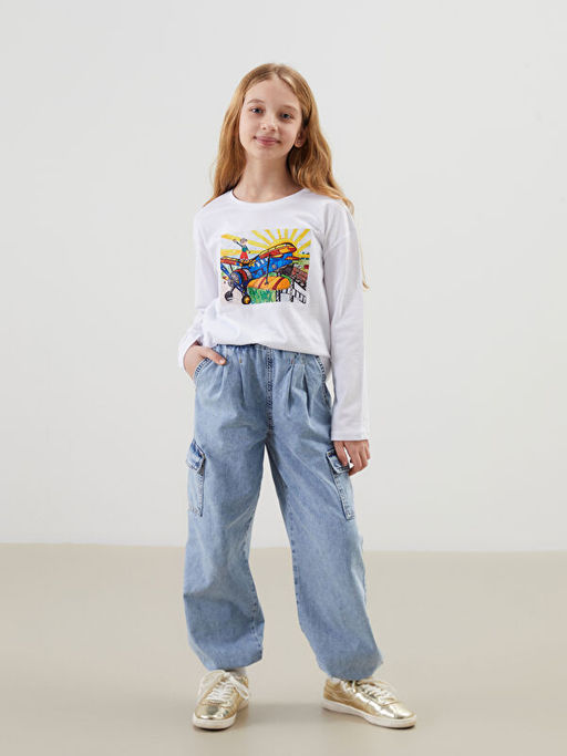 Bisiklet Yaka Bask?l? Unisex ?ocuk Ti??rt