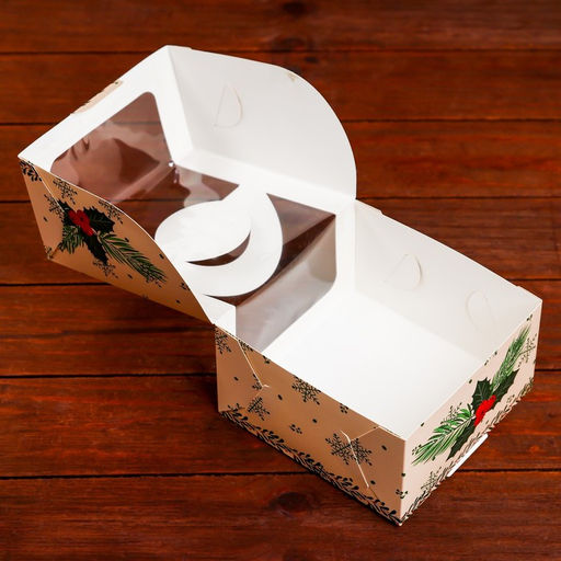 Коробка под бенто-торт с окном Новогодняя с шишками, 14 х 14 х 8 см - UPAK LAND фото 5