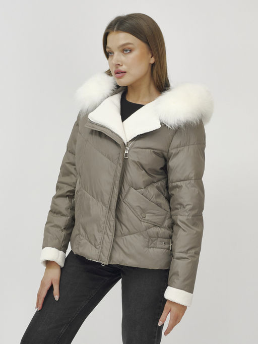 Куртка зимняя женская косуха с мехом и овчиной коричневого цвета 389_1K