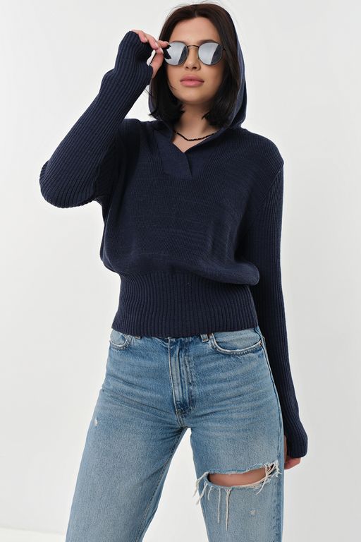 Джемпер хлопковый с капюшоном меланж синий