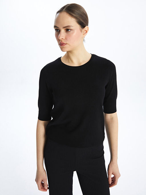 Bisiklet Yaka D?z K?sa Kollu Kad?n Triko Kazak