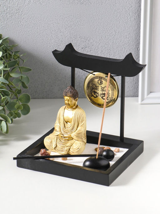 Сад Дзен "Будда в розовом, медитация у гонга" песок+камни+аромапалочки 13,2х15х16 см