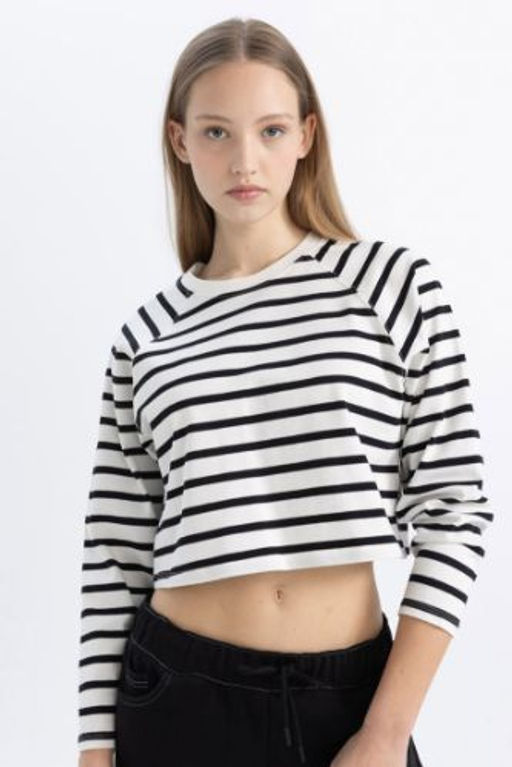 Coool Loose Fit Bisiklet Yaka Cizgili Uzun Kollu Tisort