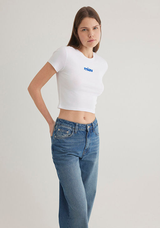 Miav Bask?l? Beyaz Crop Tisort